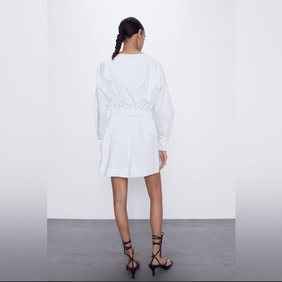 ZARA V-Neck Crossed pleated White mini cotton long sleeve Shirt Dress XS NWT - Picture 11 of 16
